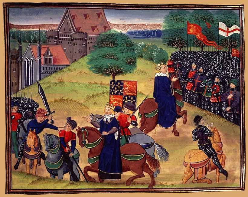 The painting depicts the end of the 1381 peasant's revolt. The image shows London's mayor, Walworth, killing Wat Tyler. There are two images of Richard II. One looks on the killing while the other is talking to the peasants.